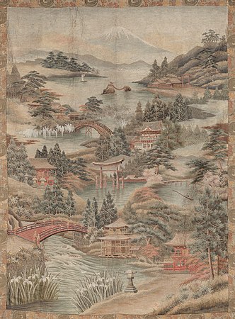 以明治時期的絲綢紡織出日本景色的想像圖，現為納賽爾·哈利利的日本藝術系列收藏品之一。