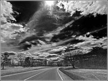 "Black and white photo of a road curving under an open sunny sky"