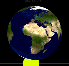 The orientation of the Earth as viewed from the center of the Moon during greatest eclipse