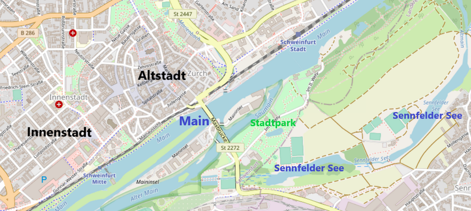 Main mit Nebenarmen und Inseln an der Schweinfurter Innenstadt, mit Wehranlagen (Stadtpark) und Sennfelder Seenkranz