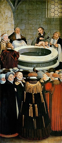 German reformer Philipp Melanchthon baptizing an infant Melanchthon-tauft.jpg