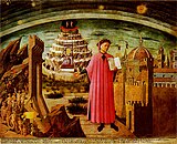 Ο Δάντης κρατώντας ένα αντίτυπο της Θείας Κωμωδίας. Διακρίνεται το βουνό του Καθαρτηρίου και η είσοδος στον Παράδεισο.