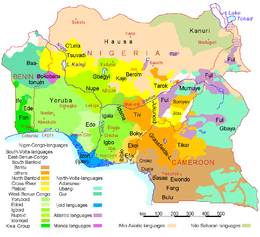 Map of the region's indigenous languages Nigeria Benin Cameroon languages.png