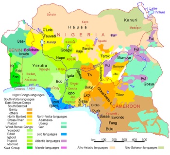 Linguistic map of Nigeria, Cameroon, and Benin.