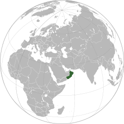 Location of Oman in the Arabian Peninsula (dark green)