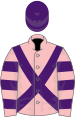 Pink, purple cross belts, hooped sleeves, purple cap