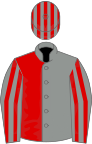 Grey and red (halved), striped sleeves and striped cap