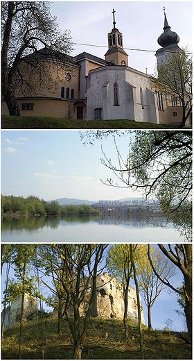 De cima para baixo: Igreja da Visitação da Virgem Maria; Vista da cidade; Vista do Castelo de Považský