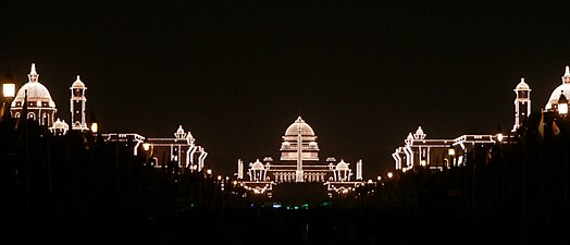Buildings on Raisina Hill including Rashtrapati Bhavan, lit up during Republic Day 2008.