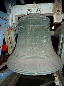 Number 3 bell with USS Pittsburgh memorial inscription (diameter measures 30 inches (760 mm)) Rochester Cathedral, No 3 bell.JPG