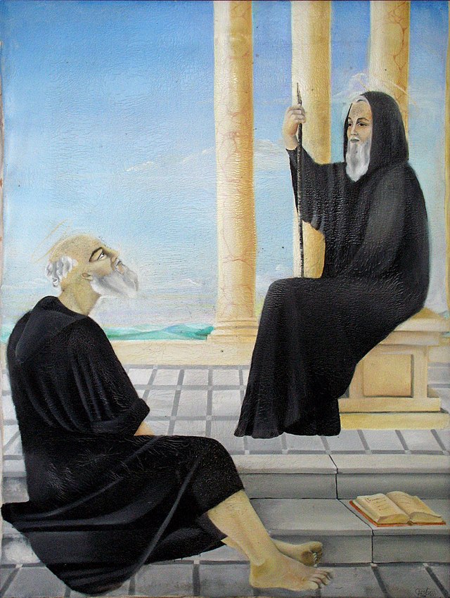 Portrett av St Fantinus (til h&#248;yre) i Santuario di San Nicodemo i Mammola i provinsen Reggio Calabria i regionen Calabria
