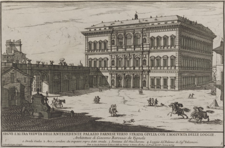 Palazzo Farneses bakre fasad med fontänen till vänster. Etsning av Alessandro Specchi.