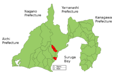 Kaart van Shizuoka met het district Shida gemarkeerd