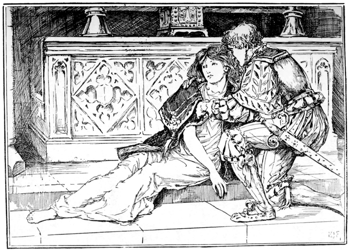 black and white full page illustration of a man crouching down to wrap his cloak around a young woman who is half-laying half sitting on the stone floor of the church. The man is wearing fancy armor with a sword in an ornate sheath at his belt but has left off his helmet. The young woman wears her white burial shroud and has wavy hair. An ornate altar is visible behind them.