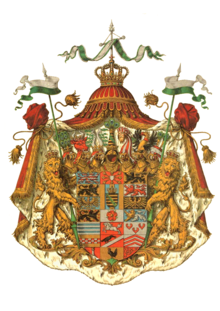 German heraldry has examples of shields with numerous crests, as this arms of Saxe-Altenburg featuring a total of seven crests. Some thaler coins display as many as fifteen. Wappen Deutsches Reich - Herzogtum Sachsen-Altenburg (Grosses).png