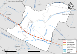 Carte en couleur présentant le réseau hydrographique de la commune