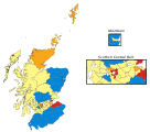 Wyniki wyborów parlamentarnych w Wielkiej Brytanii w 2017 roku (przed brexitem), kolorem jasnożółtym zaznaczono jednomandatowe okręgi wyborcze, w których zwyciężyła Szkocka Partia Narodowa