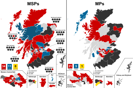 Endorsements of SNP MSPs (left) & MPs (right)

.mw-parser-output .legend{page-break-inside:avoid;break-inside:avoid-column}.mw-parser-output .legend-color{display:inline-block;min-width:1.25em;height:1.25em;line-height:1.25;margin:1px 0;text-align:center;border:1px solid black;background-color:transparent;color:black}.mw-parser-output .legend-text{}
Humza Yousaf
Kate Forbes
Ash Regan

No endorsement
Declined to endorse
No SNP MSP/MP 2023 Scottish National Party leadership election, endorsements.svg