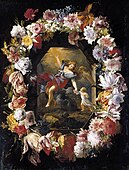 Гирлянда цветов с ангелом-хранителем. Совместно с Г. Куртуа. 1660-е. Холст, масло. Частное собрание