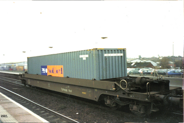 A Tiphook intermodal freight well wagon at Banbury station in the UK in 2001