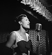 American jazz singer and songwriter Billie Holiday in New York City in 1947 Billie Holiday, Downbeat, New York, N.Y., ca. Feb. 1947 (William P. Gottlieb 04251).jpg