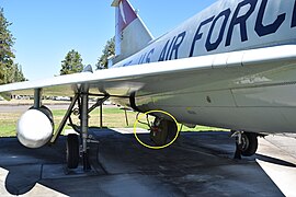Convair F-102 Delta Dagger. The yellow circle highlights a ram air turbine with five blades