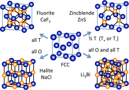 The packing of the interstitial sites of a fcc unit cell with different elements results in the formation of common inorganic crystal structures.