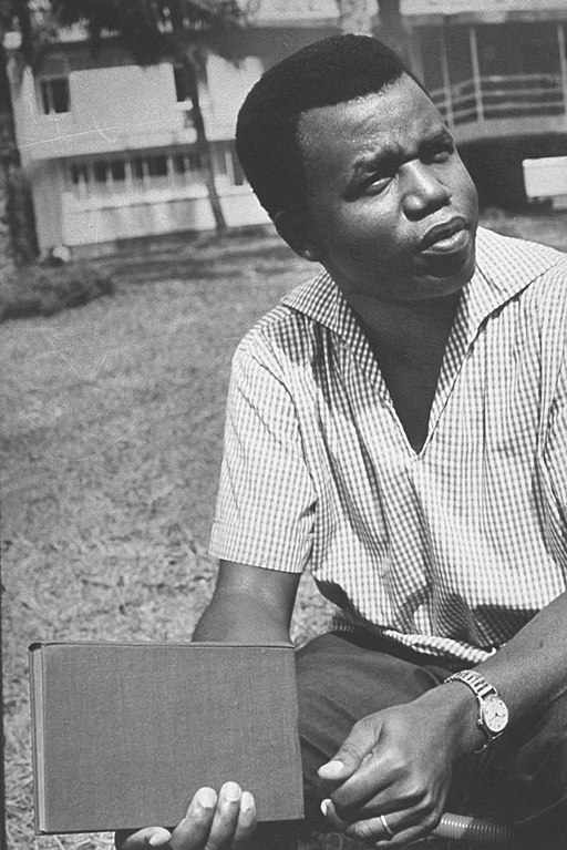 Achebe in blue cap at lectern