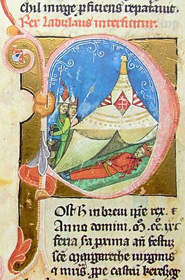 Chronicon Pictum, Hungarian, Hungary, King Ladislaus IV, Ladislaus the Cuman, murders, dead body, bloody, tent, Cumans, Cuman hat, red Cuman dress, double cross, Hungarian coat of arms, medieval, chronicle, book, illumination, illustration, history