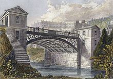 "The New Bridge at Bathwick" (1830 engraving by FP Hay) Cleveland Bridge Bath England in 1830 engraving by FP Hay.jpg