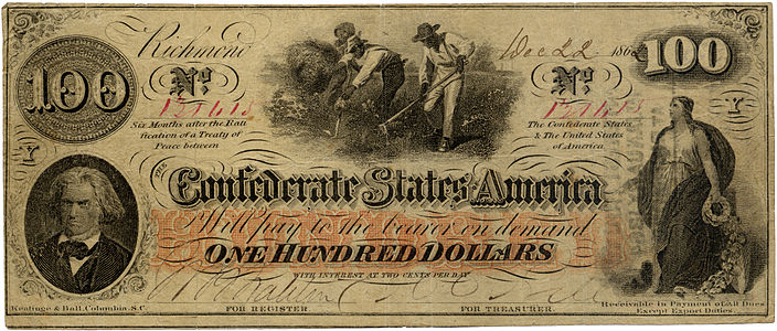 Amerikan İç Savaşı sırasında, Amerika Konfedere Devletleri tarafından çıkarılan 22 Aralık 1862 tarihli 100 dolarlık banknot. (Üreten:Amerika Konfedere Devletleri)