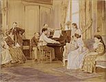 Debussy bij de Chaussons, 1893. V.l.n.r. Yvonne en Madeleine Lerolle, Raymond Bonheur, Henri Lerolle, Ernest Chausson, Debussy, Christine Lerolle, Jeanne en Etiennette Chausson.
