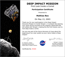Deep Impact participation certificate of Mathias Rex Deep Impact Discovery Mission to Comet Tempel 1.PNG