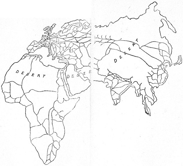 Fig. 26.—The World-Island united, as it soon will be by railways, and by aeroplane routes, the latter for the most part parallel with the main railways.