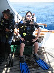 Divemaster ready to dive Shark and Yolanda reef at Rās Muhammad, Sharm el-Sheikh.