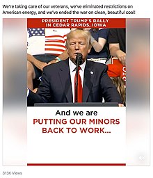 Screenshot of a Donald Trump video post on Facebook with a typo. Commentators have frequently drawn comparisons between Trump's social media presence and dril. Donald Trump "Putting our MINORS back to work" (cropped).jpg