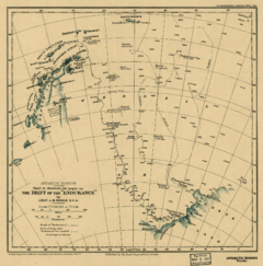 Старая карта, показывающая неполную береговую линию Антарктии. На диаграмме показана линия дрейфа Endurance в 1915 году, а также более ранний дрейф Германии Филчнера и линия путешествия Джеймса Уэдделла в 1823 году.