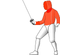 A sabre fencer. Valid target (everything from the waist up, including the arms and head) is in red (exception: The hands, which are shown in red, are not valid targets).