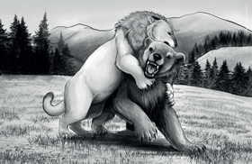 Ilustração de luta entre urso-pardo-da-estepe e leão-das-cavernas, carnívoros do final do Pleistoceno