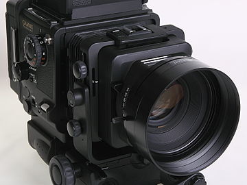Fuji GX680III Professional Body with Standard-Belows, Folding Waist-level Finder, Roll Film Holder IIIN (landscape orientation) and EBC Fujinon Lens GX MD 125mm 1:3.2 with mounted Lens Hood GX80mm