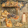 “การประสูติของพระเยซู” โดยจอตโตภายในโบสถ์น้อยสโครวินยี (Scrovegni Chapel) การจัดองค์ประกอบและลักษณะคล้ายกับรูปสลักที่ปิซา
