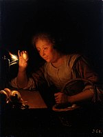 Godfried Schalcken, Een vrouw houdt een ei tegen een lamp, 1665 en 1669