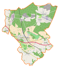 Mapa konturowa gminy Gogolin, po lewej nieco u góry znajduje się punkt z opisem „Malnia”