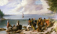 William Allen Wall's 1842 depiction of Wampanoag people meeting Bartholomew Gosnold and his crew upon their arrival in New Bedford in 1602 Gosnold at the Smoking Rocks, 1842.jpg
