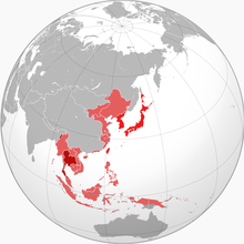 Japan and the Greater East Asia Co-Prosperity Sphere at its peak in 1942. Japan and its allies Thailand and Free India in dark red; occupied territories and client states in lighter red. Chosen (Korea), Taiwan (Formosa), and Karafuto (South Sakhalin) were integral parts of Japan. Greater Asian Co-prosperity sphere.png