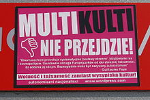 Розовый плакат на польском языке с заголовком MULTIKULTI / (большой палец вниз) NIE PRZEJDZIE! («мультикульти не пройдёт!»)