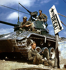 Crew of an M-24 tank along the Nakdong River front, August 1950 HA-SC-98-06983-Crew of M24 along Naktong River front-Korean war-17 Aug 1950.JPEG