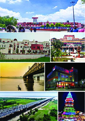 Anticlockwise, from top: Hajipur Railway Station, Institute of Hotel Management, River Gandak—Old Gandak Bridge, Mahatma Gandhi Setu, Shri Yantra Mandir, Mall, East Central Railway Office.