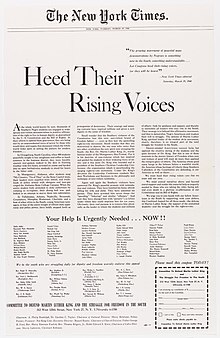 The advertisement published in The New York Times on March 29, 1960, that led to Sullivan's defamation lawsuit. Heed Their Rising Voices.jpg