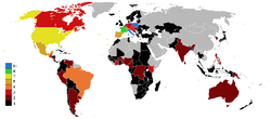 Mapa indicando los países visitados por el Papa Juan Pablo II.